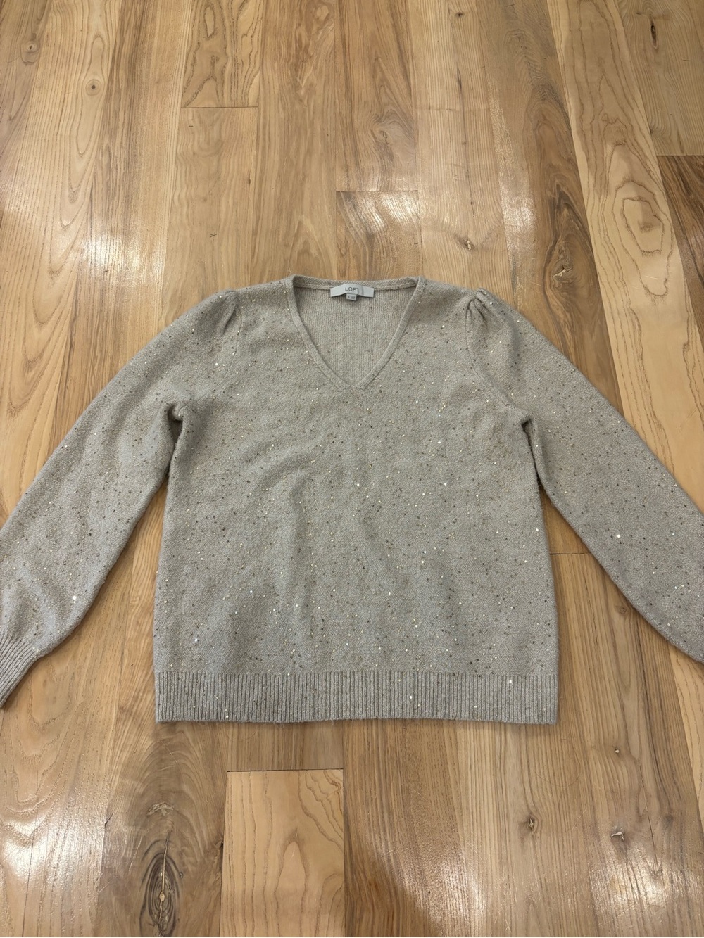 LOFT Sequin Double V-Neck Sweater Taupe Sand Medium - Picture 3 of 8